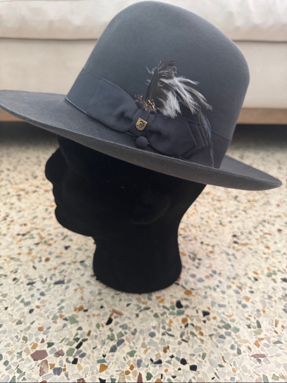 Women’s Black Felt Wide-Brim Hat with Feather Accent